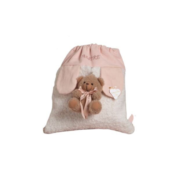 Zaino Grande Beige C/Ricamo “Amore”e Orsetto Portachiavi
