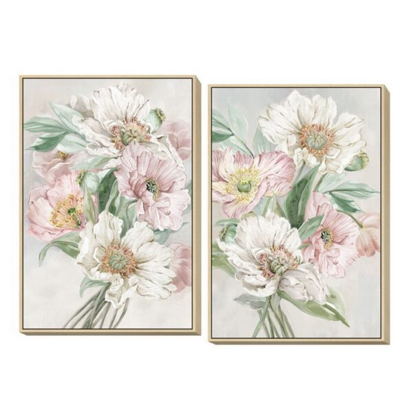 Set 2 Quadri Moderni con Disegno Fiori Bianco-Rosa